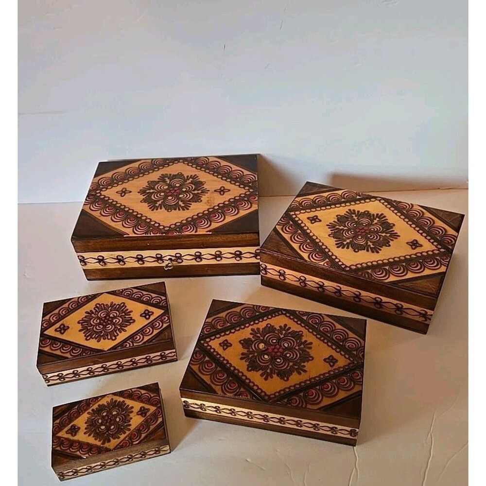 Vintage Hand Carved And Hand Painted Wooden Nesting Box Set of Five Lock & Key